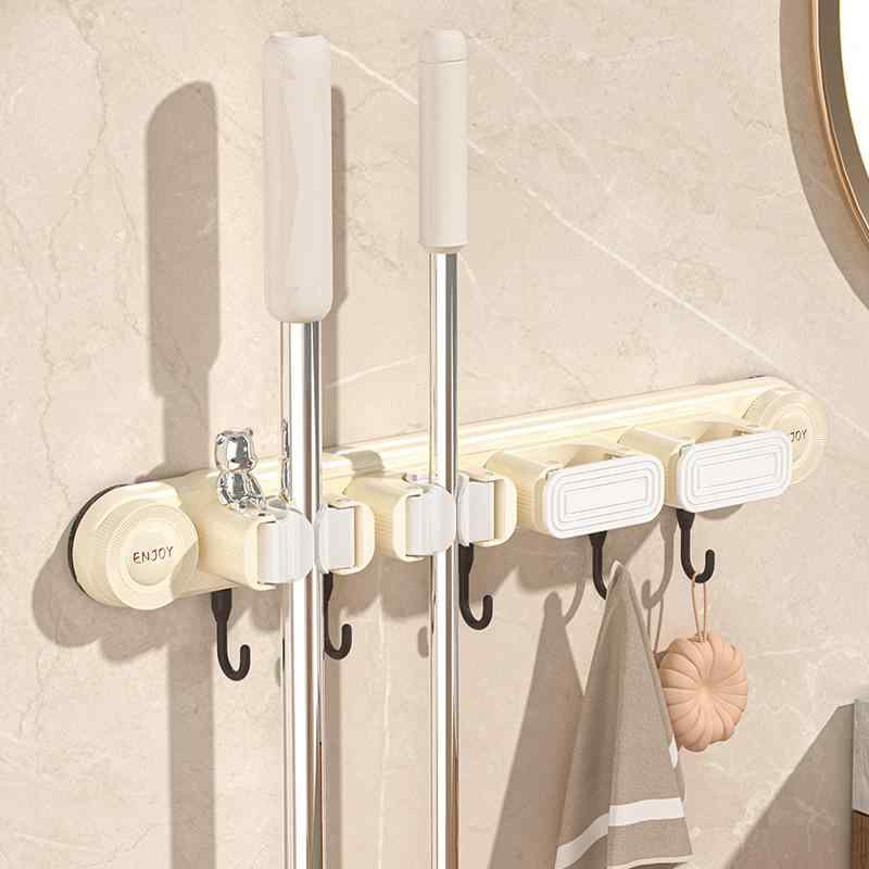 モップホルダー 強力吸盤 壁掛け式 穴あけ不要 移動可能 家庭用 浴室 洗面所 モップクリップ フック 波型デザイン 高級感 おしゃれ プラスチック製 省スペース 収納ラック