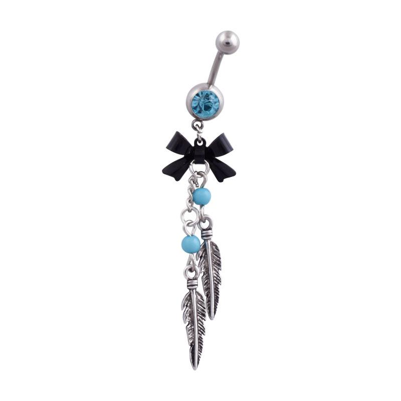 へそピアス レディース サージカルステンレス 金属アレルギー対応 欧米風 レトロ アンティーク リボン ブルービーズ フェザー ネジ式 ハンドメイド かわいい 個性的 ボディピアス