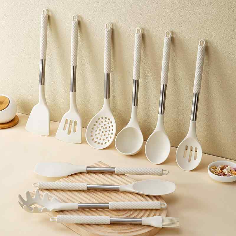 調理器具 耐熱 シリコン製 キッチンツール ステンレスハンドル ノンスティックフライパン対応 10点セット お玉 フライ返し ヘラ スパチュラ パスタサーバー 家庭用