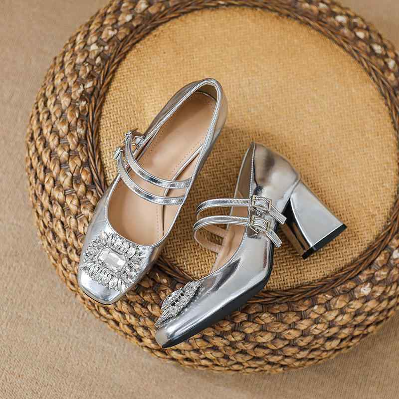 メリージェーン レディース ラインストーン スクエアバックル シルバー スクエアトゥ チャンキーヒール ハイヒール フレンチレトロ エナメル素材 ストラップ パ...