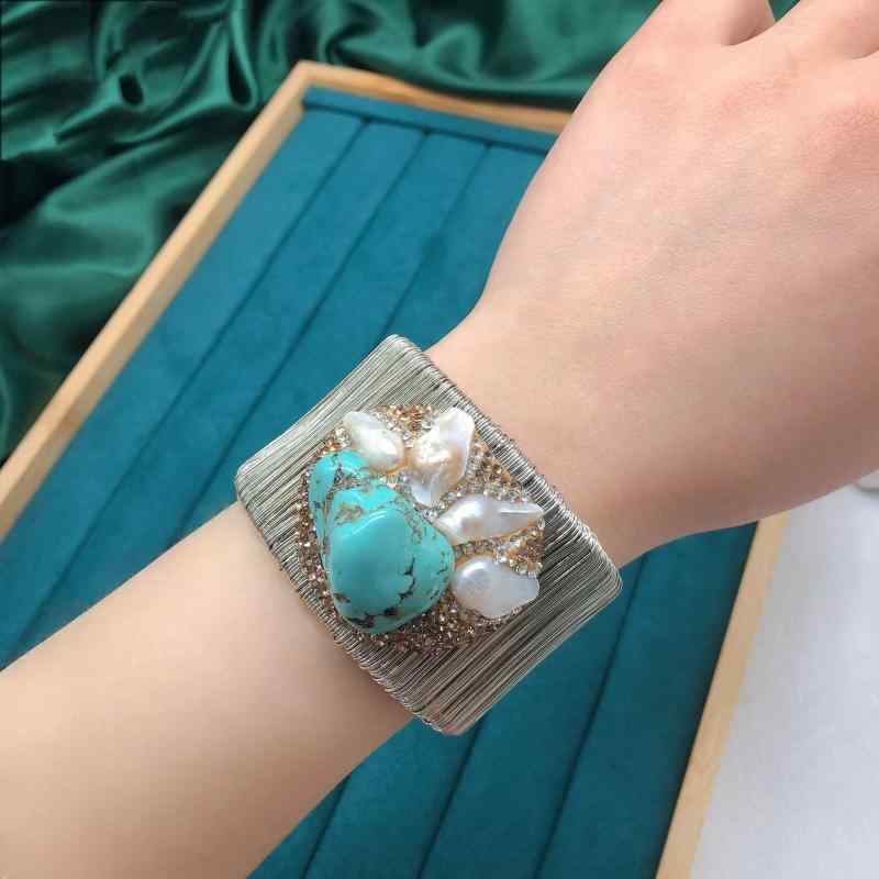 バングル レディース 天然 バロックパール ターコイズ ストーン象嵌 幅広 ワイド シルバー 上品 カジュ..