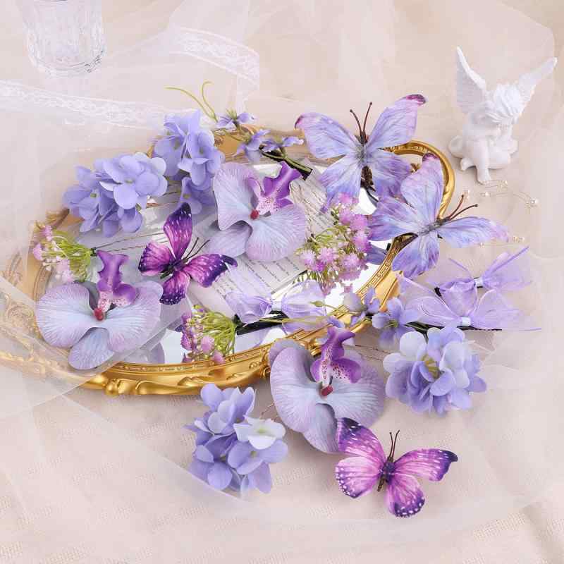 髪飾り レディース レトロモダン 新中華風 造花 蝶 パープル 花かんざし 簪 ヘアクリップ セット 浴衣 着物 和装小物 漢服 中国風 イベント 発表会 舞台衣装