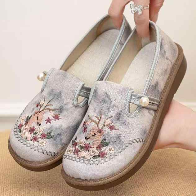 フラットシューズ レディース 春夏 通気性 スリッポン 刺繡 チャイナ風 布製 ママ靴 ぺたんこ キャンバス カジュアル ラウンドトゥ 普段使い お出かけ グレー ピンク