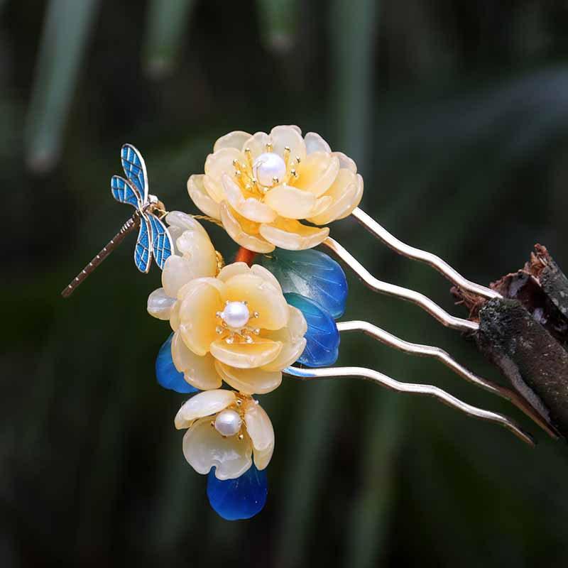 髪飾り レディース 古風 漢服 馬面スカート用アクセサリー 手作り ガラス製 黄色 花 蜻蛉 かわいい 仙女風 オレンジ色 ヘアコーム かんざし