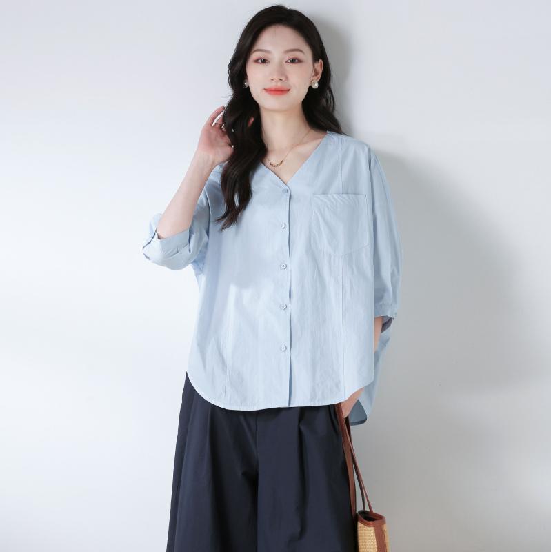 3-Quarter Sleeves - シャツ レディース 春夏 Vネック 七分袖 ゆったり カジュアル きれいめ シルケット加工 綿 コットン ドロップショルダー 前開き 通勤 オフィス シンプル 着回し レギュラー丈 トップス オフホワイト イエロー 水色