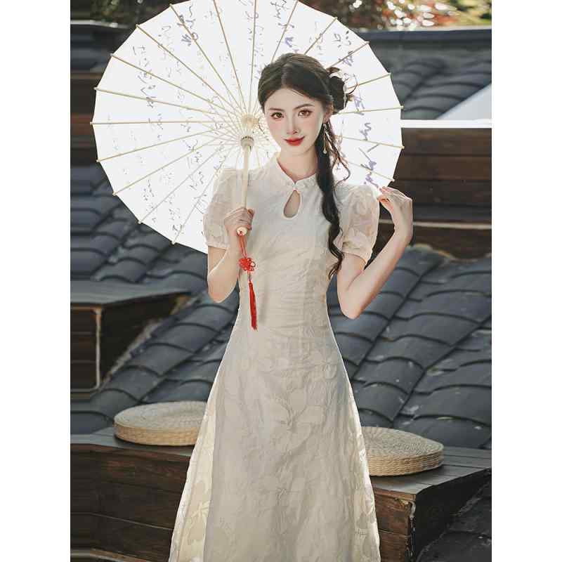 ワンピース レディース 新中華風 チャイナドレス レトロモダン 上品 ジャガード織り ミディ丈 Aライン スタンドカラー 半袖 ハイウエスト ビーズ刺繍 チャイナボタン ジッパー ポリエステル 小柄向け 普段着 春夏