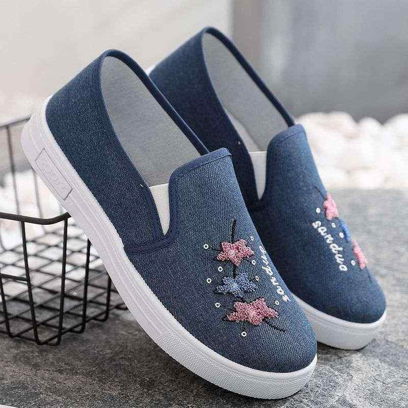 キャンバススニーカー レディース 春秋 通気性抜群 フラットソール ローヒール ゴム底 コットン裏地 スリッポン ラウンドトゥ デニム 刺繍 カジュアル 学生用 着回し抜群