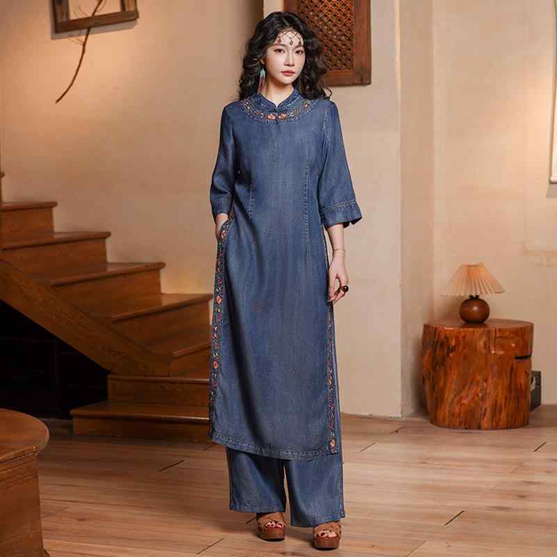 セットアップ レディース 春夏 レトロ エスニック チャイナカラー 刺繍 デニム 綿混 花柄 長袖トップス ロングパンツ 2点セット