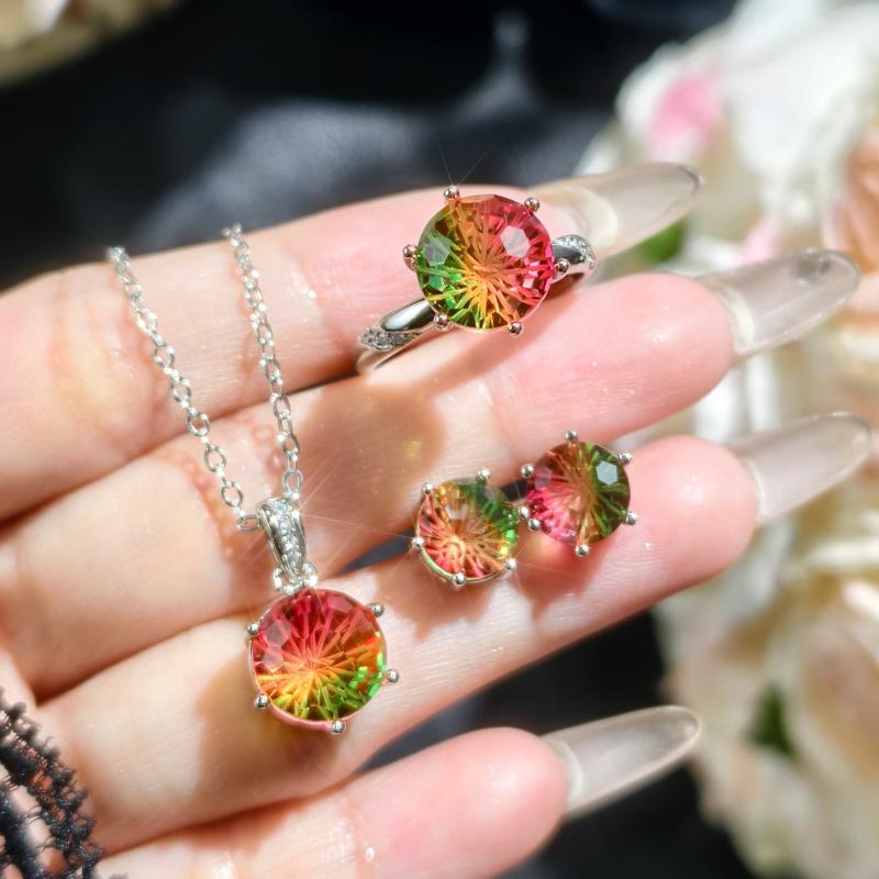 指輪 レディース サイズ調整可能 フリーサイズ オープンリング スイカトルマリン カラフル 花火カット ..