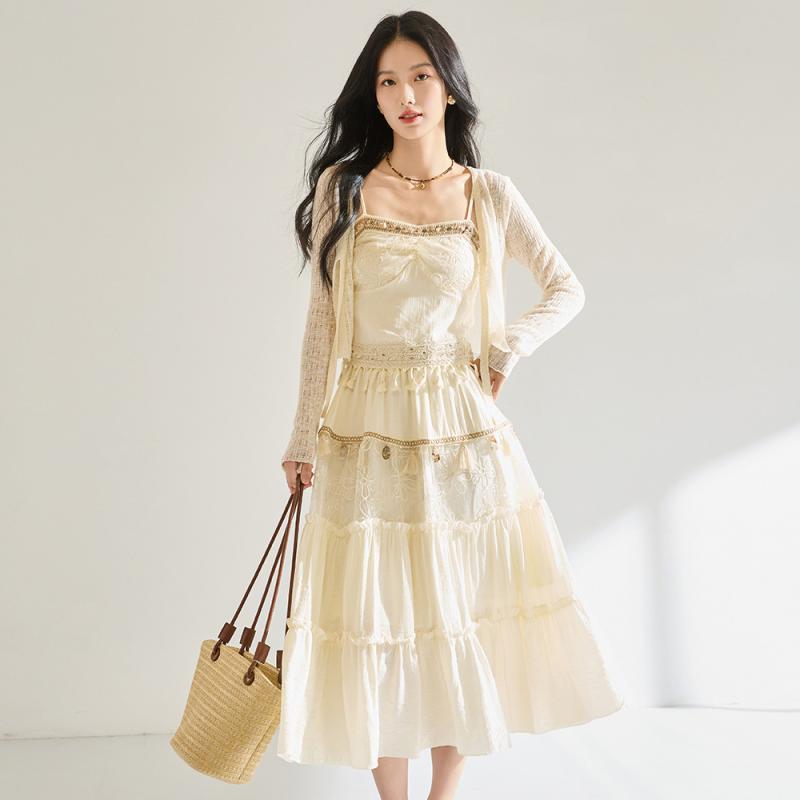 レディース スカートセットアップ 春夏 ボヘミアン フリンジ レース キャミソール ミディ丈スカート カーディガン 3点セット リゾートスタイル 旅行 ビーチ ...