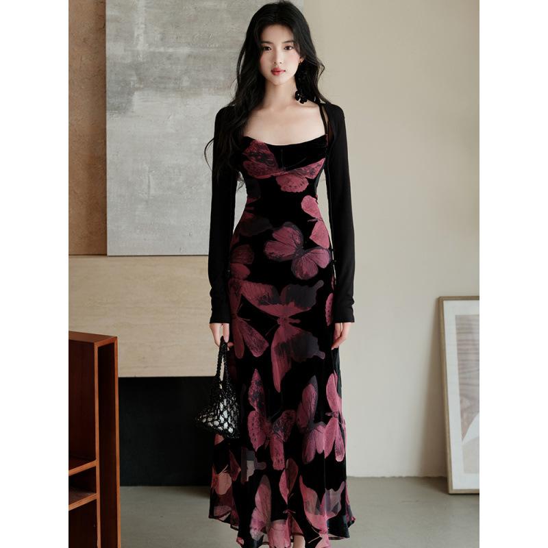 ワンピース レディース アンサンブル ベロア キャミワンピース 蝶プリント 花瓣袖 レトロ チャイナ風 ..