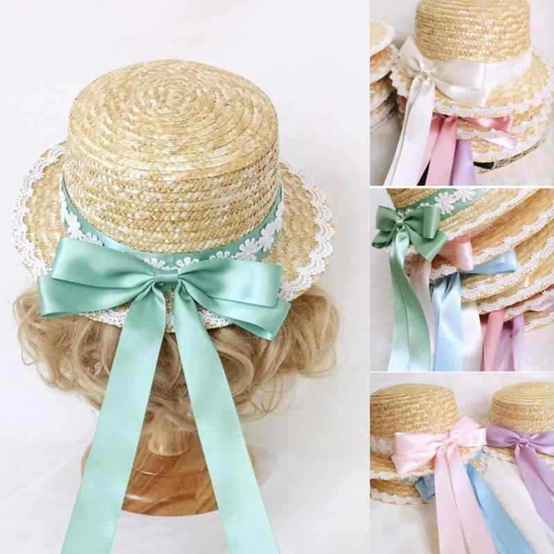 麦わら帽子 レディース ロリータ 森ガール ナチュラル ビッグリボン レース フリル ハンドメイド マル..