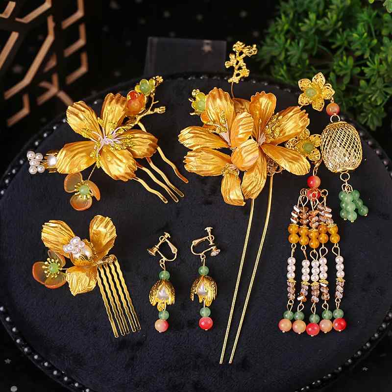 頭飾り レディース 漢服風 古典 レトロ 新中華風 優雅 タッセル 簪 龍鳳褂 馬面スカート向け 金属製 花モチーフ 電気メッキ加工 アクセサリー