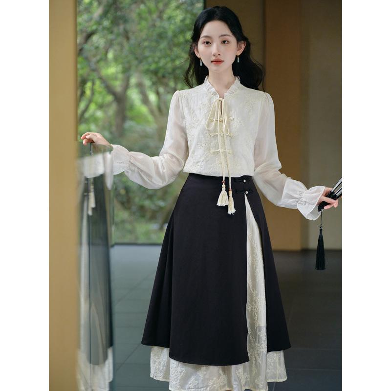 セットアップ レディース ネオチャイニーズ 軽やか国風 禅テイスト クールデザイン 上品刺繍入り 2点セット トップス Aラインスカート ミモレ丈 高級感 春秋...