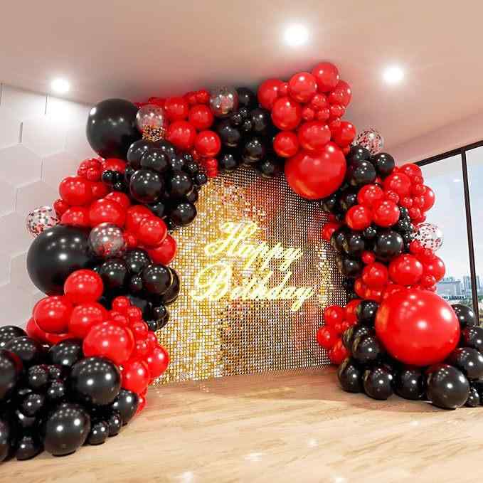 樂天商城 - バルーン 結婚式 誕生日 卒業 記念日 イベント パーティー 飾り付け 赤黒 2色 スパンコール グリッター ラテックス製 丸型 背景装飾 アーチ セット 142点
