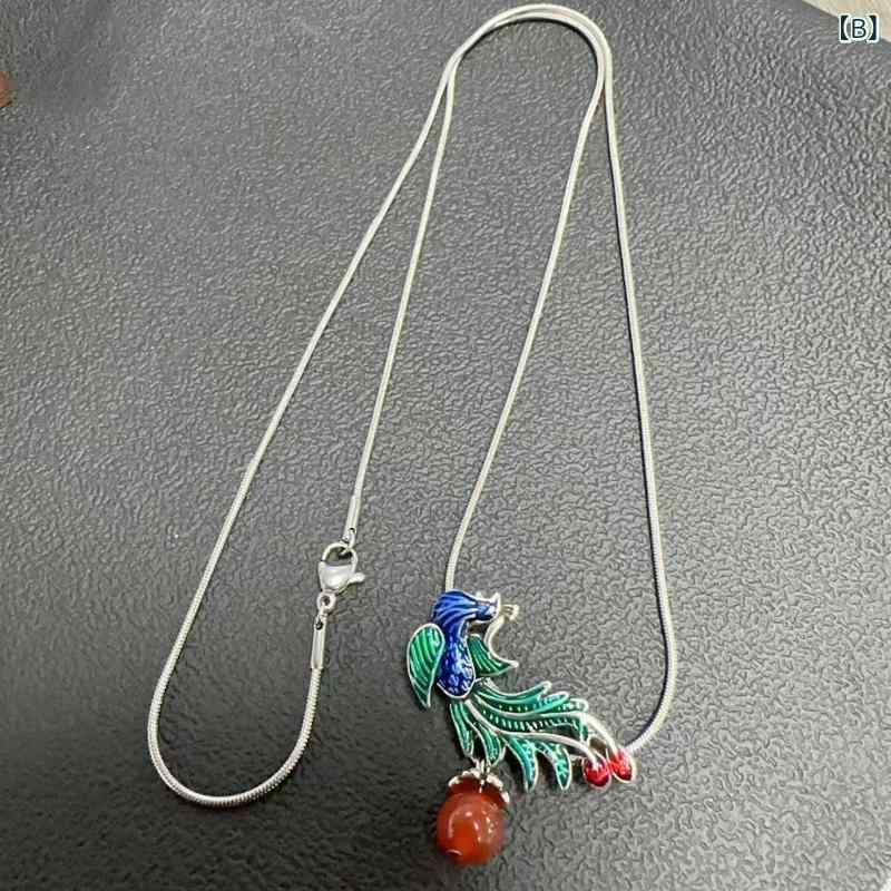 Collar para mujer pintoresco esmalte azul tailandés ágata de fénix cobre ligero étnico moda moderna retro simple collar de cadena de serpiente de 60 cm — vista 3