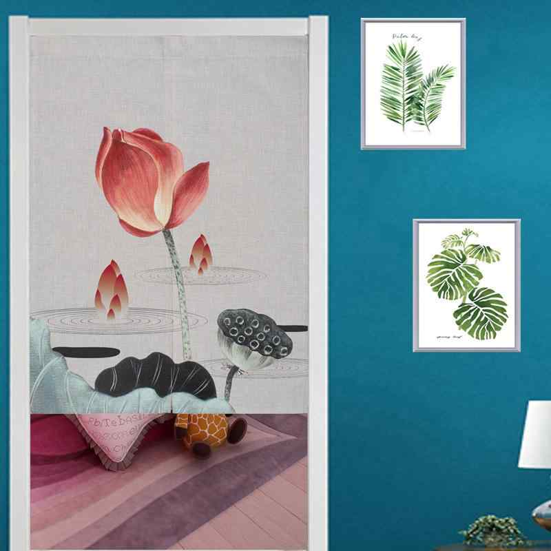 のれん 目隠し 間仕切り 風よけ 和風 蓮柄 つっぱり式 穴あけ不要 家庭用 自宅用 玄関 リビング トイレ..