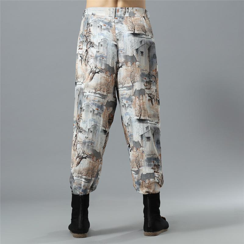 パンツ メンズ 秋冬 ゆったり ルーズフィット ポリエステル ランタンパンツ ロング丈 ミドルウエスト チャイナ風 レトロ ボヘミアン 総柄 カジュアル リラックス 快適 普段使い