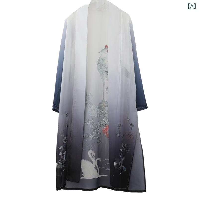 トップス メンズ 男性用 薄手 シフォン UVカット 日焼け対策 百鳥柄 プリント グラデーションカラー 中国風 漢服風 長衫 羽織 カジュアル 部屋着