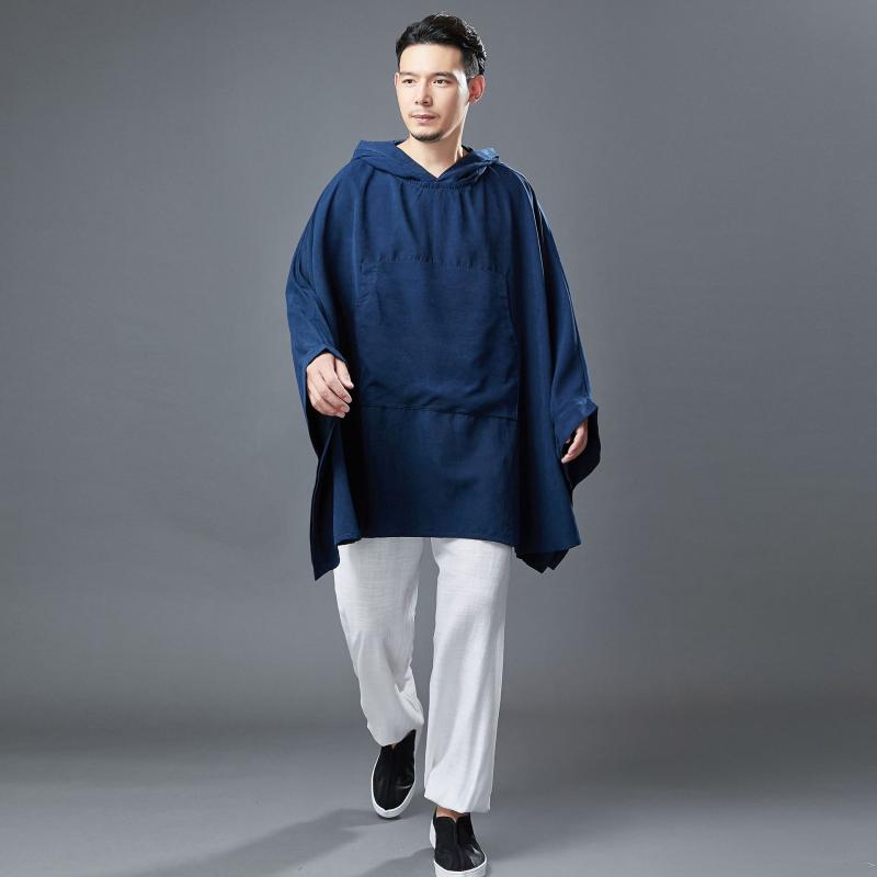 ポンチョ メンズ チャイナ風 雪花サテン 光沢感 フード付き 無地 エスニック リラックスウェア カジュアル トップス 秋冬
