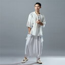 カーディガン メンズ 春夏 シフォン 薄手 UV対策 日よけ ゆったり アシンメトリー裾 エスニック 鶴柄 オープンカラー 五分袖 カジュアル 羽織り シルケット加工綿 ホワイト