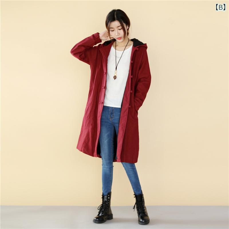 アウター レディース 裏起毛 フード付き ロング丈 綿麻 盤ボタン 民族風 中国風 スリム 無地 レトロ コート