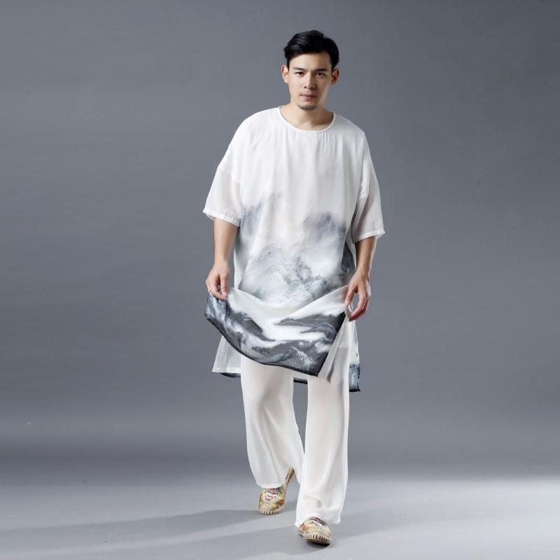 Tシャツ メンズ トップス 春夏 ゆったり オーバーサイズ 丸首 山水プリント 半袖 ロング丈 コットン 綿素材 ルームウェア カジュアル ..