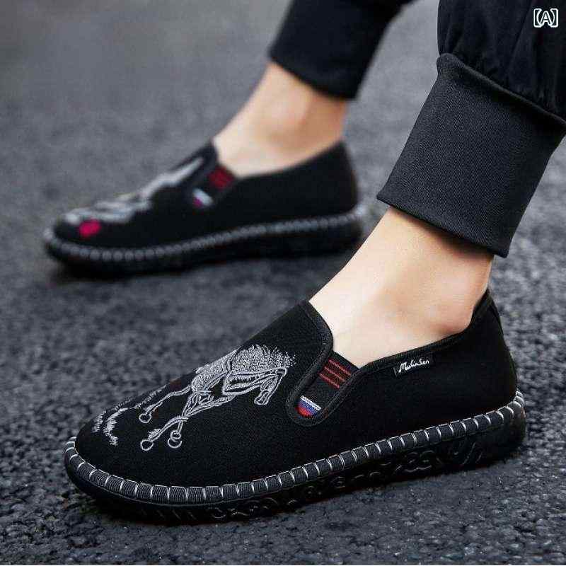 シューズ メンズ 通気性 スリッポン キャンバス 刺繍 中国風 老北京スタイル ラウンドトゥ ローヒール ..