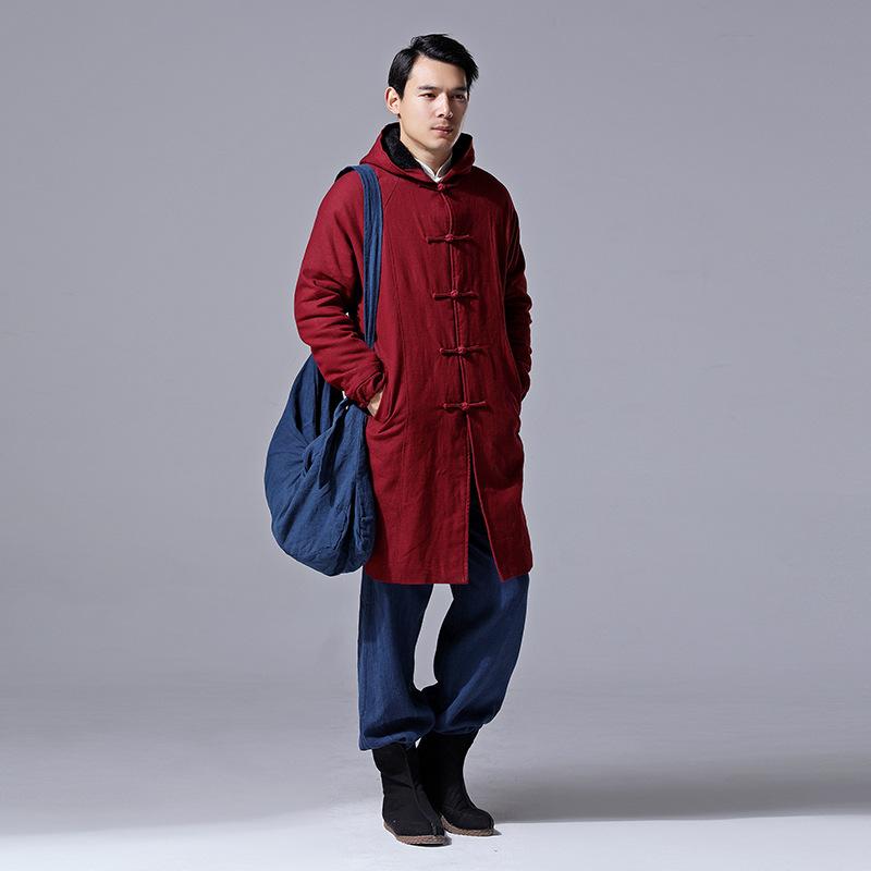 ・カテゴリ: コート・スタイル: 民族風・主な素材: ラミー91.1%・裏地: 裏起毛・ネックライン: スタンドカラー・フード: 付き・前立て: シングルボタン・厚さ: 厚手・柄: 無地・シルエット: スリムフィット・加工: プリーツ・着用シーン: カジュアル・対象: メンズ・着丈: ロング丈・カラー展開: ブラック、ダークレッド、ネイビー・サイズ展開: M、L、XL