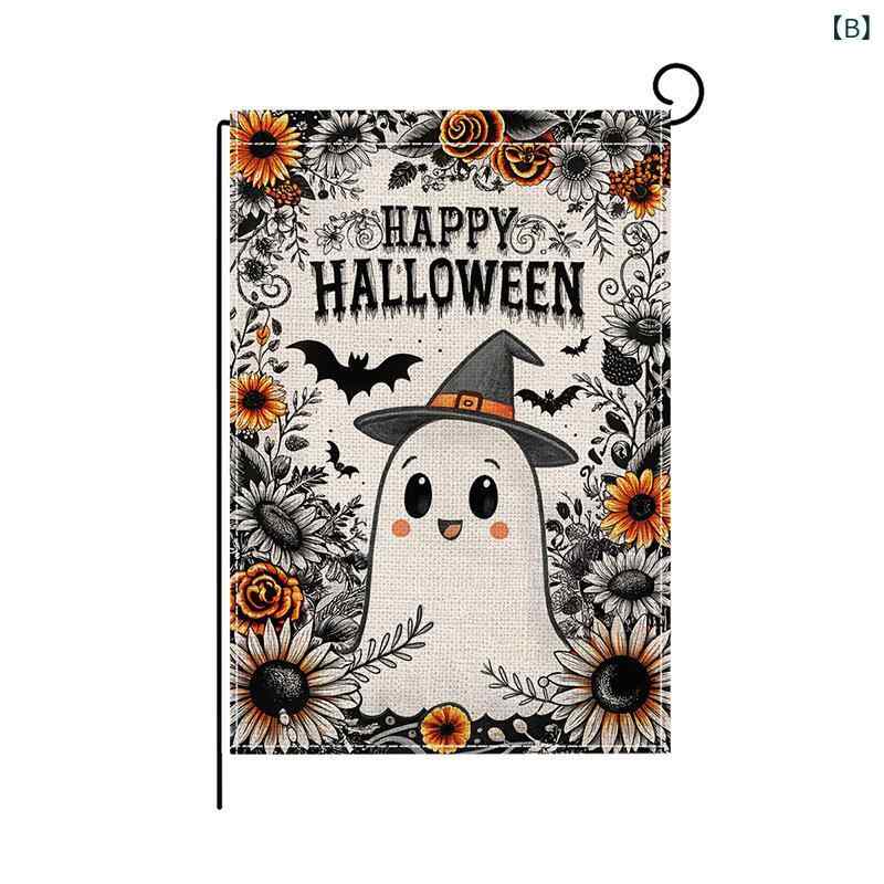 ガーデンフラッグ ハロウィン カラフルチェック柄 水彩画風プリント 可愛いゴース...