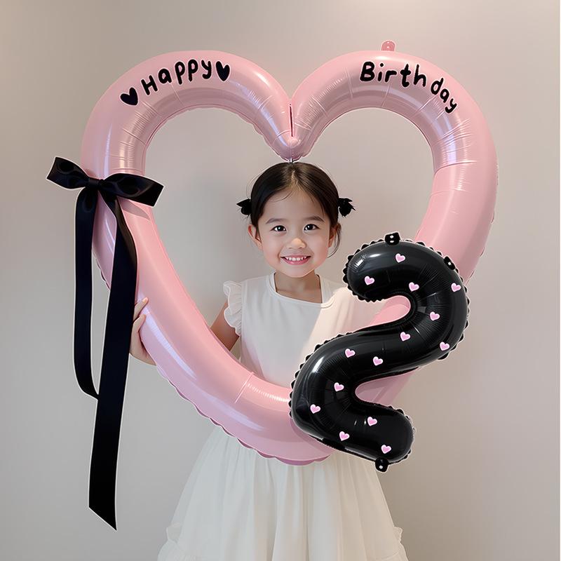 バルーン 女の子 透かし彫り ハート ピンク リボン 数字 バースデー 誕生日 飾り付け アルミフィルム製 1歳 ベビー お祝い パーティー デコレーション