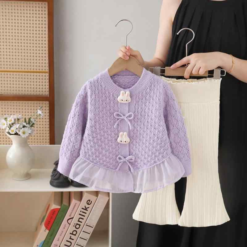 ニット 女の子 キッズ 子供服 長袖 セーター パンツ 2点セット 上下セット やわらか あったか 花柄 かわいい 切り替えデザイン 丸首 クルーネック 秋冬 お出かけ 通園 部屋着 カジュアルスタイル