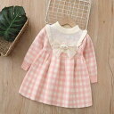 ワンピース キッズ 女の子 子供服 柔らかい 上品 クラシカル ニットワンピース ロング丈 長袖 チェック柄 リボン 秋冬 丸首 プルオーバー 3歳 4歳 5歳...