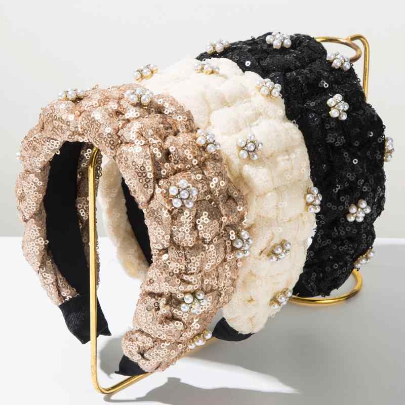 カチューシャ レディース 手編み ねじり パール装飾 幅広 ヘアバンド エレガント 上品 パーティー お呼..