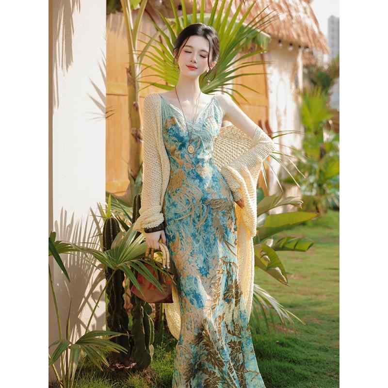 ワンピース レディース UVカット 冷房対策 新チャイナ風 ライトラグジュアリー お嬢様風 エレガント マーメイドライン 花柄 キャミソールロングワンピース カーディガン 2点セット Vネック ハイウエスト
