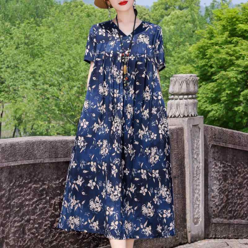 ワンピース レディース ミセス ゆったり 体型カバー 細見え 綿レーヨン 春夏 Vネック 半袖 ハイウエスト ロング丈 マキシ丈 Aライン フレア ビーチ リゾート 通勤 カジュアル エレガント