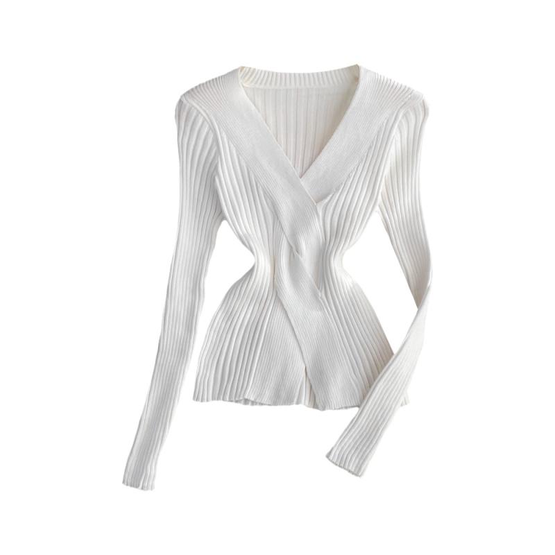 ニット レディース クロスVネック 長袖 秋冬 インナー トップス スリムフィット デザイン 大人カジュアル きれいめ 通勤 オフィス 上品