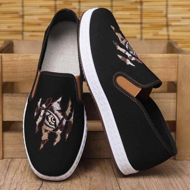 シューズ メンズ 通気性 スリッポン キャンバス布靴 中国風エスニック刺繍 春夏 ローカット ラウンドト..
