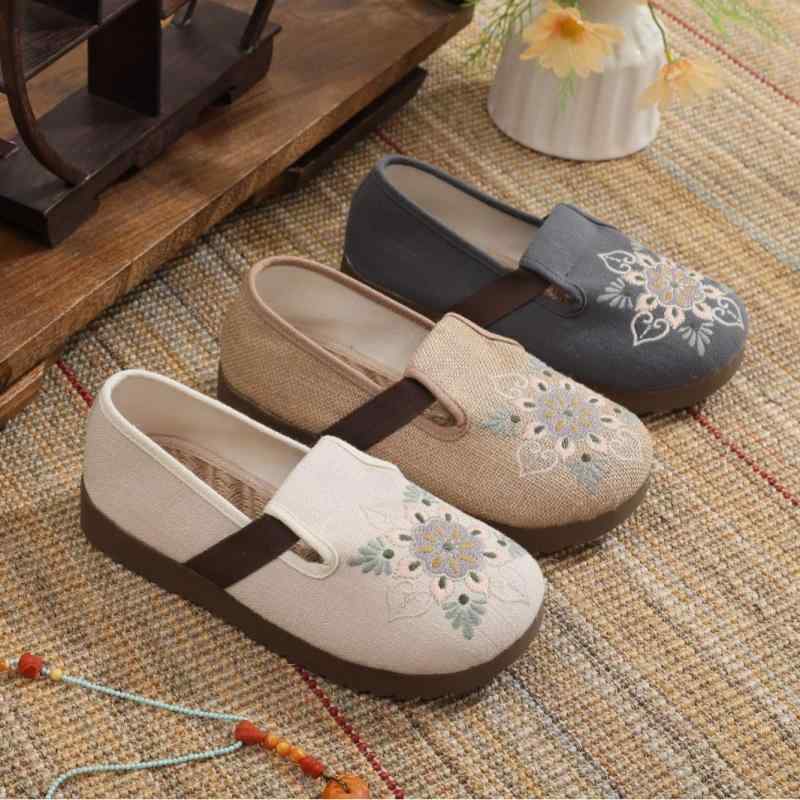 サンダル レディース 通気性 軽量 スリッポン 手編み 刺繍 花柄 コットン ラウンドトゥ フラットヒール デイリーユース カジュアル 春夏(4)