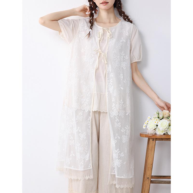 ワンピース レディース 春夏 かわいい レース レイヤード ロング丈 ベストワンピース ゆったり 体型カバー 着回し 紐付き 刺繍 ラウンドネック ノースリーブ コットン 無地 杏色