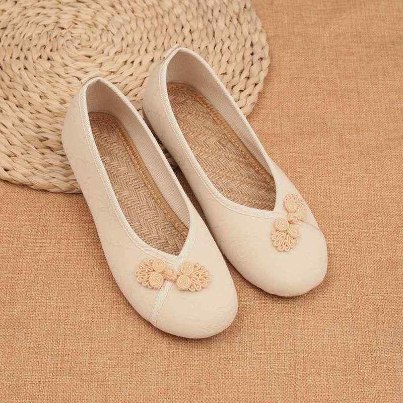 レディース シューズ ママ向け 民族風 レトロ 布製 刺繍 飾りボタン 漢服 茶道 ダンス 麻素材 ゴム底 ..