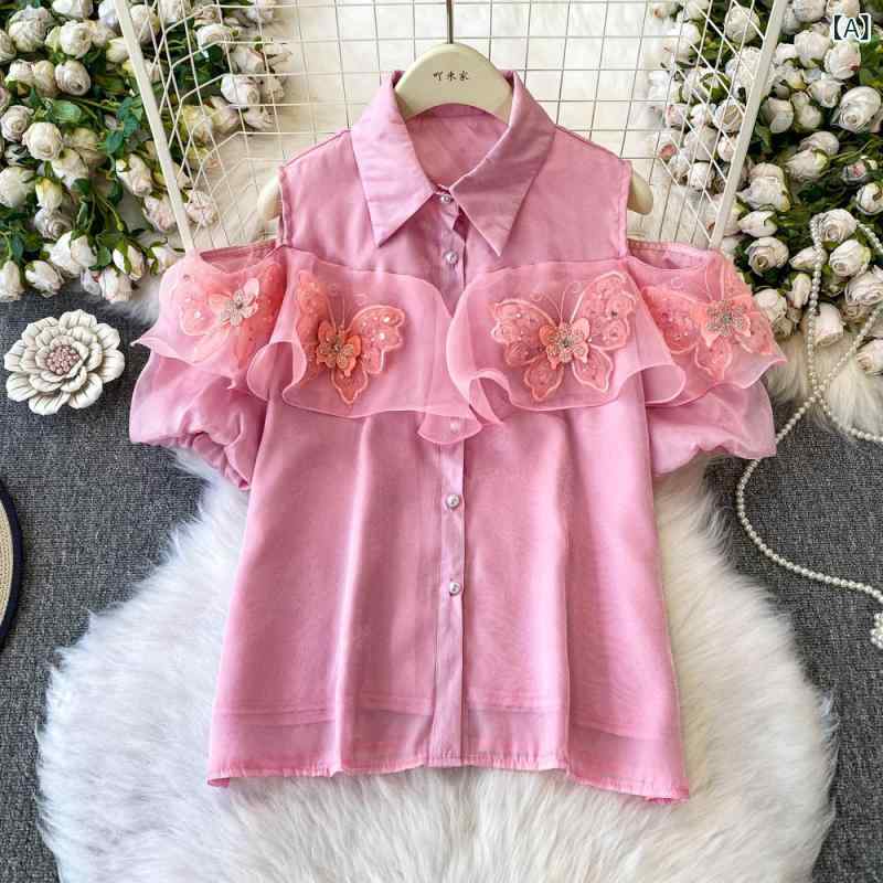 シャツ レディース フレンチ オフショルダー 立体バタフライ デザイン パフスリーブ ポロ襟 半袖 ゆったり 体型カバー 若見え 大人かわいい きれいめ エレガント 春夏