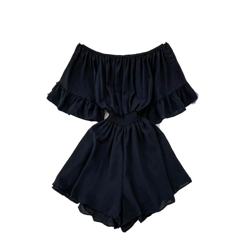 ロンパース レディース ストレッチ ウエストゴム 体型カバー オフショルダー フリル袖 ギャザー ショート丈 ワイドパンツ 大人カジュアル エレガント 春夏 フリーサイズ