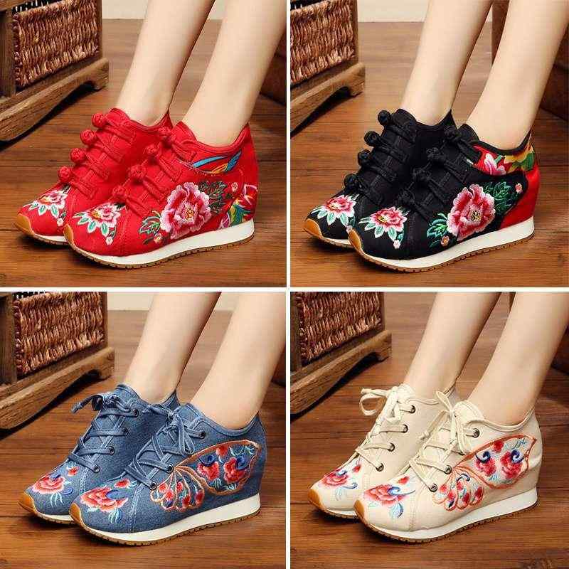 シューズ レディース インヒール 通気性 滑り止め スリッポン 刺繍 民族風 キャンバス 布製 ローカット ラウンドトゥ ミドルヒール ママ ミセス 旅行 ウォーキング カジュアル
