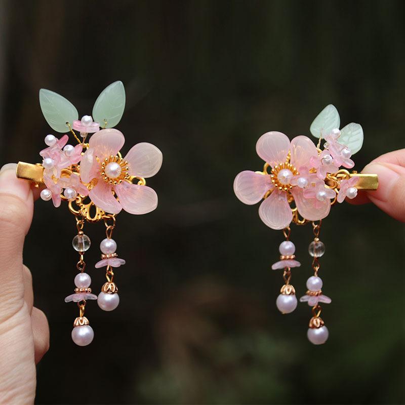 髪飾り 子供 女の子 漢服 古風 レトロ プリンセス ピンク 蓮の花 タッセル 手作り ハンドメイド ガラス..