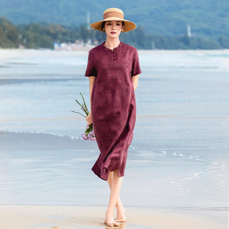 ワンピース レディース 中国風 改良型 チャイナドレス リネン 麻 竹柄 スタンドカラー 半袖 ポケット付き ミモレ丈 レトロ エレガント 春夏 えんじ色