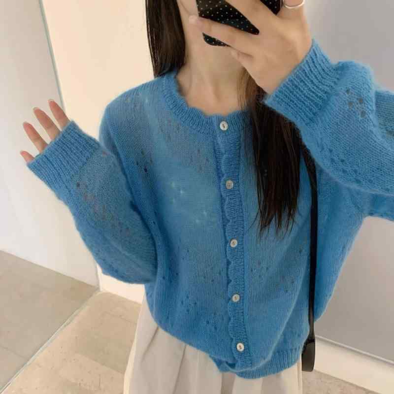 ニットカーディガン レディース 春夏 韓国ファッション ウール モヘア混紡 柔らかい 肌触り 快適 ゆったり オーバーサイズ クルーネック 長袖 ケーブル編み 無地 マカロンカラー 大人かわいい フェミニン ミドル丈 前開き 羽織り