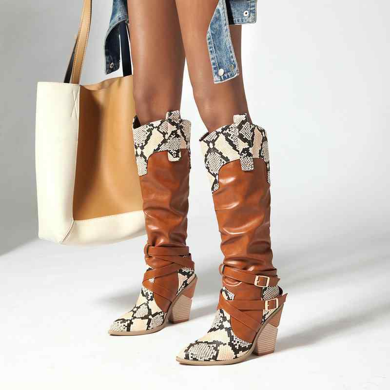 ブーツ レディース 秋冬 スネーク柄 切り替え ポインテッドトゥ チャンキーヒール サイドジップ ニーハ..