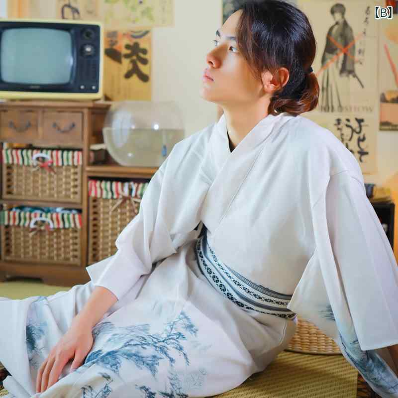 和服 メンズ 伝統的 フォーマル シワになりにくい ノーアイロン 四季対応 水墨画 松と舟柄 ポリエステル素材 旅行用