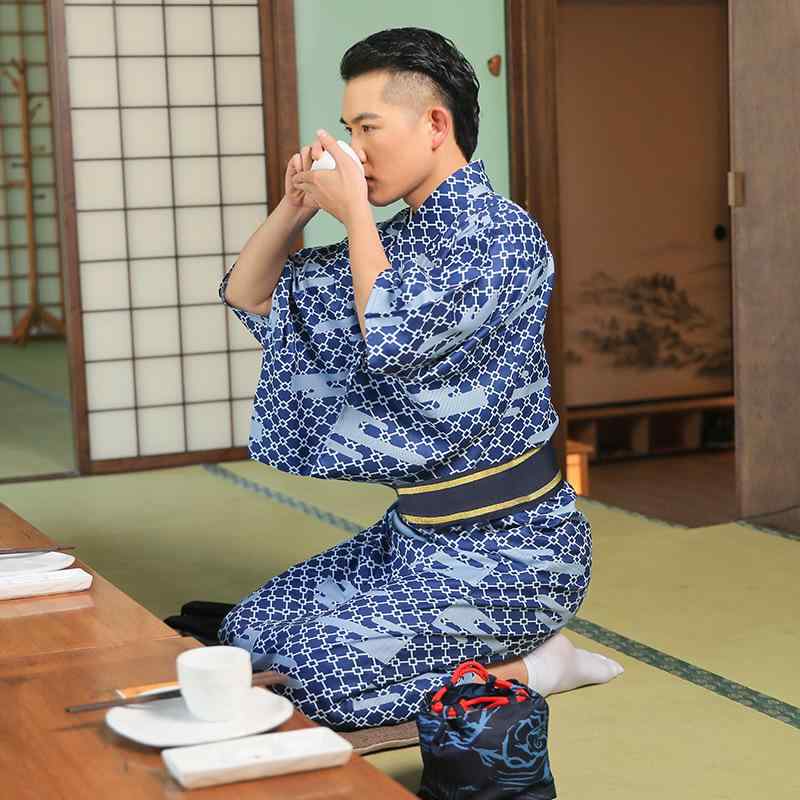 和服 メンズ 伝統的 日本 正装 武士 小格子柄 ポリエステル素材 オールシーズン対応 プリント柄 ブルー 着物 和装 フォーマル カジュアル 祭り イベント 旅行
